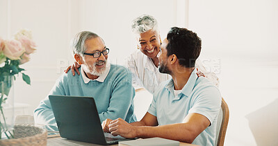 Buy stock photo Senior, parents and man with laptop for help, advice or  account login with happiness in home. Elderly father, mother or adult son with computer for online banking guidance, finance support or family