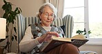Relax, reading book and elderly woman on chair in retirement home for horticulture, hobby or tips. Senior person, education and guide in living room for learning, plant study or knowledge in house