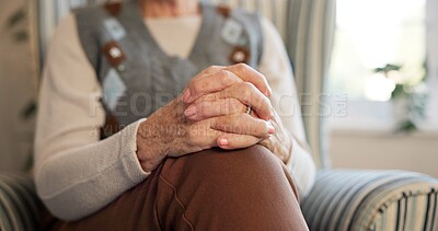Buy stock photo Thinking, hands and senior woman in home for nostalgia, waiting and reflection on sofa in retirement. House, pensioner and elderly person with calm for thoughtful, memory and resting for wellness