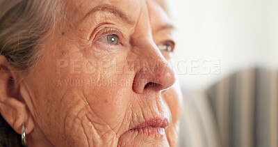 Buy stock photo Thinking, memory and old woman in home with regret, loss or remembering and past mistake. Mental health, reflection and elderly person with emotional thoughts, flashback and worry in retirement.