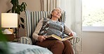 Relax, book and old woman in house with nap, peaceful rest and unwind with reading hobby. Retirement, sleeping or senior person in bedroom with novel, calm moment or dreaming with literature activity