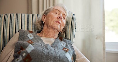 Buy stock photo Relax, sleeping and senior woman in house with chill, comfortable rest and unwind on weekend break. Fatigue, cozy and elderly person in home with nap, peaceful dreaming and calm moment in retirement.