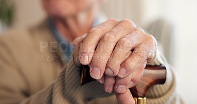 Buy stock photo Nursing home, recovery and hands with walking stick, retirement or old patient with balance on break. Rehabilitation, health and senior person with disability in lounge, healing and cane for support