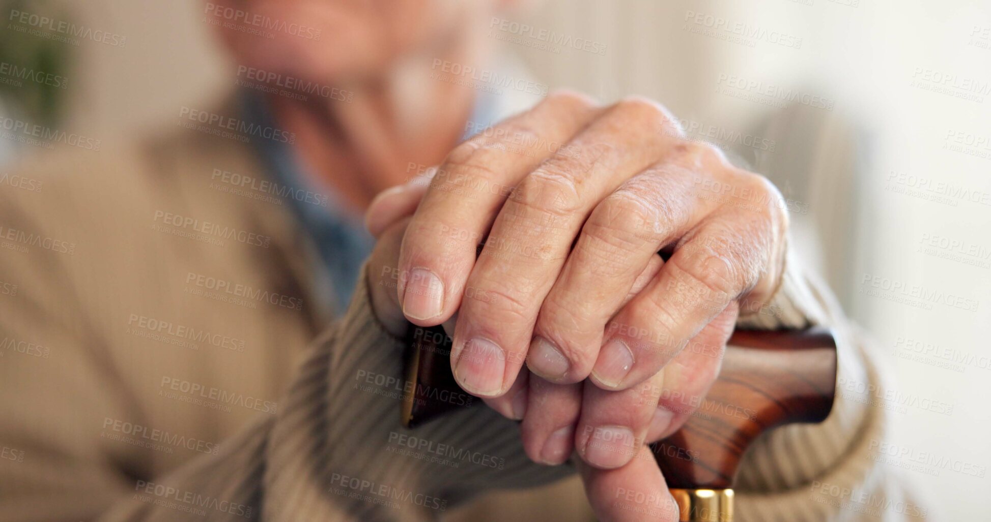 Buy stock photo Nursing home, recovery and hands with walking stick, retirement or old patient with balance on break. Rehabilitation, health and senior person with disability in lounge, healing and cane for support