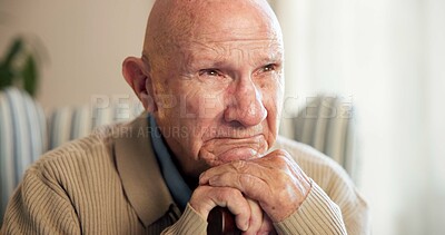 Buy stock photo Thinking, sad and senior man in home for nostalgia, sadness and lonely with grief in retirement. House, walking stick and elderly person with depression, worry and thoughtful for memory, past or loss