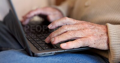 Buy stock photo Typing, laptop and hands of senior man in home for pension application, retirement planning and research. House, computer and elderly person with internet, connection and website help for insurance