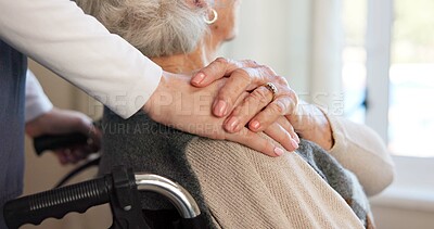 Buy stock photo Support, caregiver and hand on shoulder with old woman for empathy, health comfort and wheelchair. Trust, medical nurse and person with disability, help and home care with window view in retirement