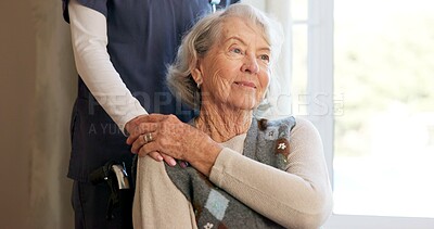 Buy stock photo Support, nurse and holding hands with old woman in home for hope, health and comfort in wheelchair. Trust, medical caregiver and person with disability, help and shoulder touch for care in retirement