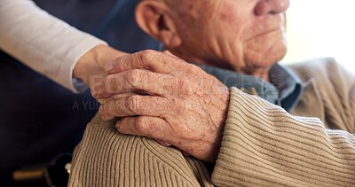 Buy stock photo Kindness, nurse and holding hands with old man for support, healthcare and assisted living. Caregiver, comfort and person with disability, shoulder touch and compassion with retirement in home care