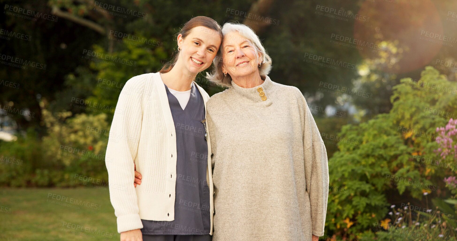 Buy stock photo Nurse, portrait and senior woman in garden with smile, confidence or elderly care at nursing home. Happy, caregiver and old person in backyard for retirement, friendly service or support for homecare