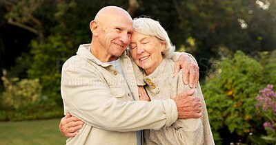 Buy stock photo Love, trust or old couple in park with hug, partner comfort or bonding together in connection. Tender, smile or senior people outdoor with embrace, happy moment or romantic relationship in retirement