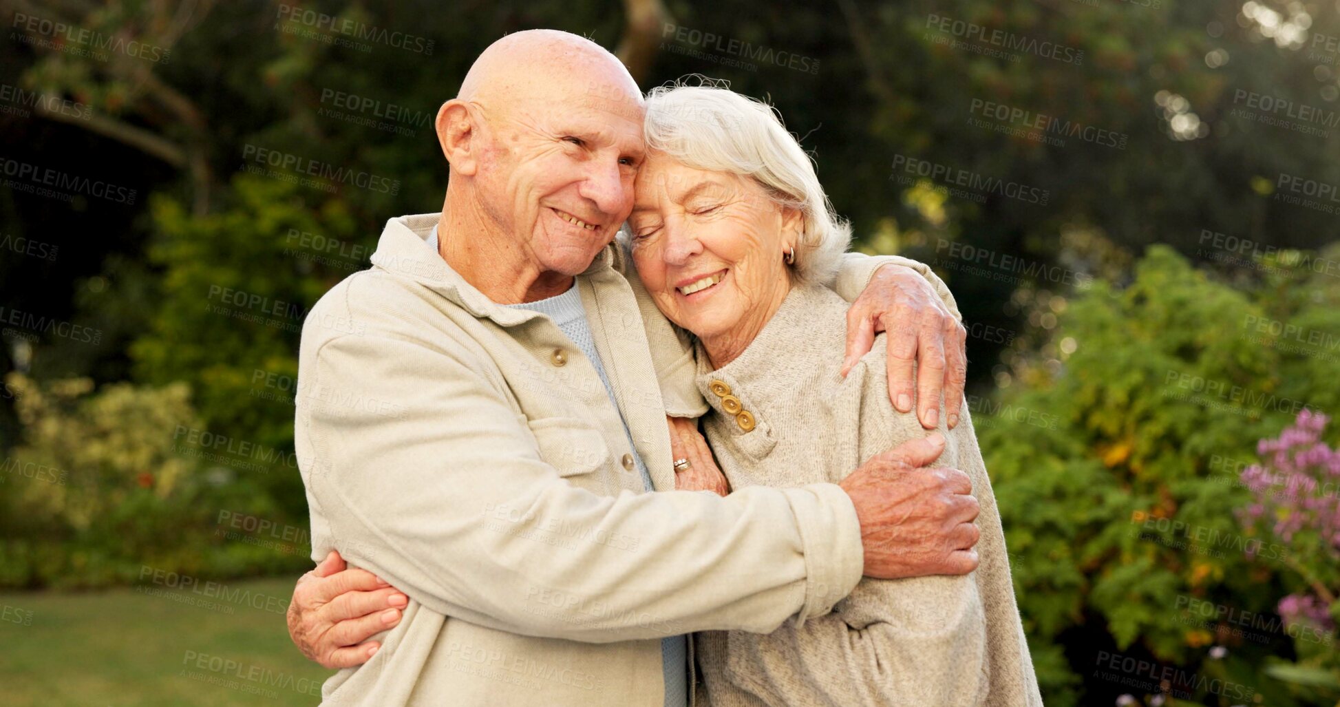 Buy stock photo Love, trust or old couple in park with hug, partner comfort or bonding together in connection. Tender, smile or senior people outdoor with embrace, happy moment or romantic relationship in retirement