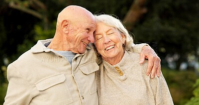 Buy stock photo Love, smile or old couple in park with hug, partner comfort or bonding together in connection. Tender, trust or senior people outdoor with embrace, happy moment or romantic relationship in retirement