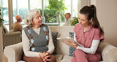 Buy stock photo Clipboard, consultation and nurse with senior woman on sofa in house with health insurance. Nursing checklist, discussion and medical worker with elderly patient for checkup in retirement home.