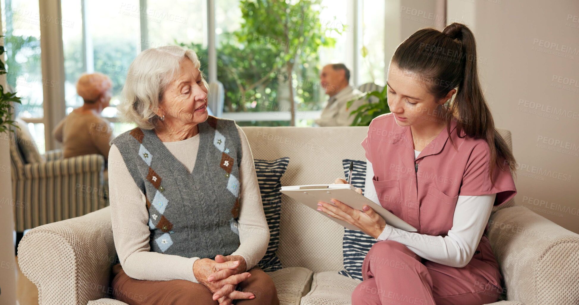 Buy stock photo Clipboard, consultation and nurse with senior woman on sofa in house with health insurance. Nursing checklist, discussion and medical worker with elderly patient for checkup in retirement home.