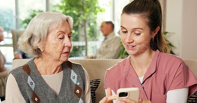 Buy stock photo Phone, consultation and nurse with senior woman on sofa in home for research on diagnosis. Technology, discussion and healthcare worker with elderly patient on cellphone for medical checkup in house.