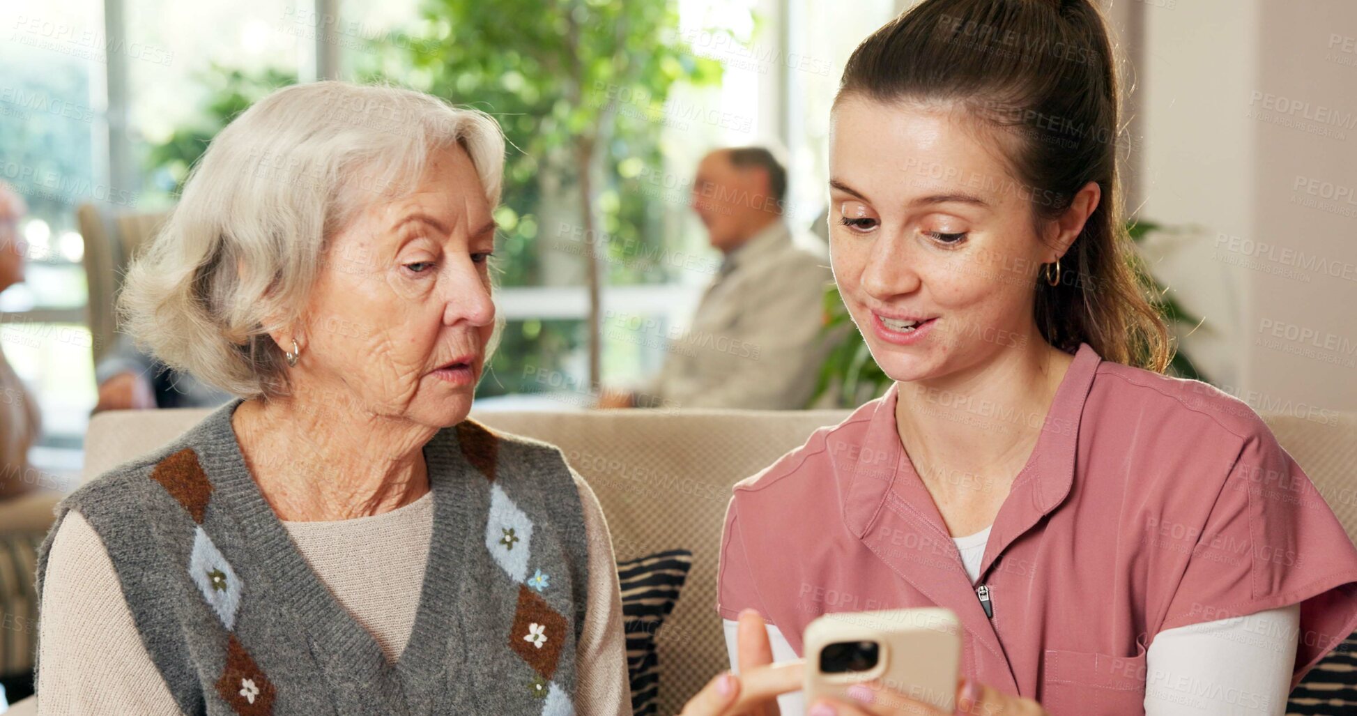 Buy stock photo Phone, consultation and nurse with senior woman on sofa in home for research on diagnosis. Technology, discussion and healthcare worker with elderly patient on cellphone for medical checkup in house.