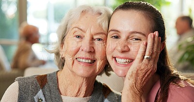 Buy stock photo Hug, caregiver and portrait with senior woman in retirement home for assisted living or healthcare. Female person, nurse or smile with patient for elderly care, support or trust in nursing house
