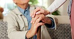 Senior, caregiver or hands with cane in retirement home for comfort, support or healthcare. Nurse, female person or empathy with walking stick for assisted living, elderly care or wellness in house