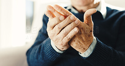 Buy stock photo Senior, man and hands with wrist injury in retirement home for carpal tunnel syndrome or arthritis. Elderly, male person or arm pain with joint inflammation or discomfort for fibromyalgia in house