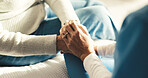 Holding hands, bedroom and caregiver with senior woman in house for medical checkup with comfort. Empathy, compassion and nurse with elderly patient for healthcare, trust or support in nursing home