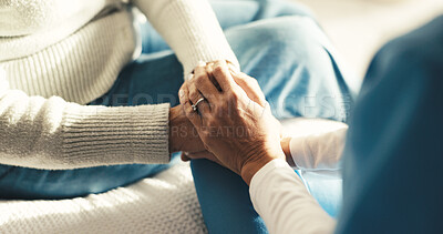 Buy stock photo Holding hands, bedroom and caregiver with senior woman in house for medical checkup with comfort. Empathy, compassion and nurse with elderly patient for healthcare, trust or support in nursing home