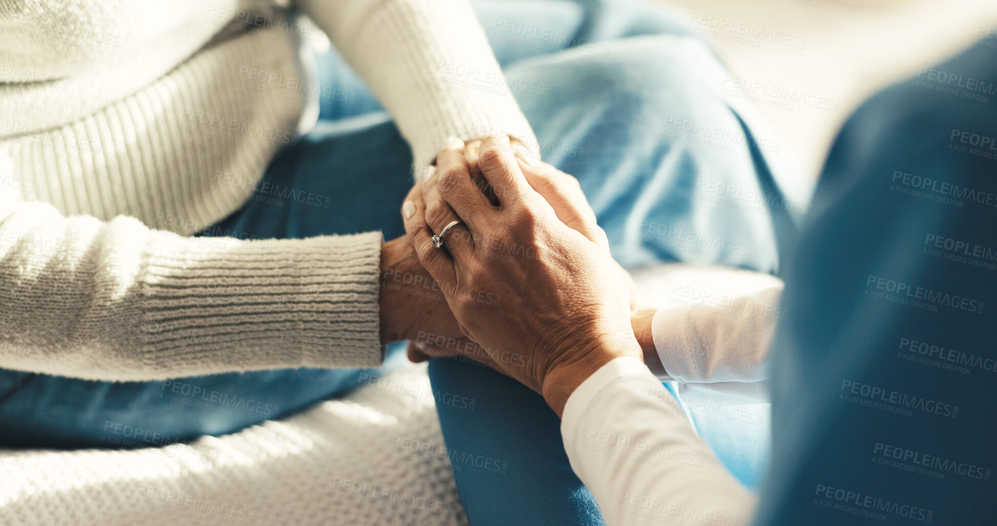 Buy stock photo Holding hands, bedroom and caregiver with senior woman in house for medical checkup with comfort. Empathy, compassion and nurse with elderly patient for healthcare, trust or support in nursing home
