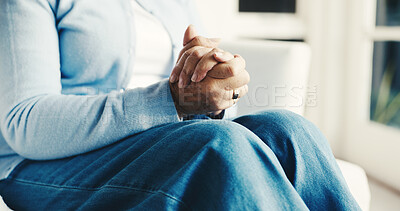 Buy stock photo Mental health, old person or hands in home with nerves, anxiety trigger or regret in trauma memory. Retirement, worry or senior woman with reflection, overthinking or flashback in emotional thoughts.