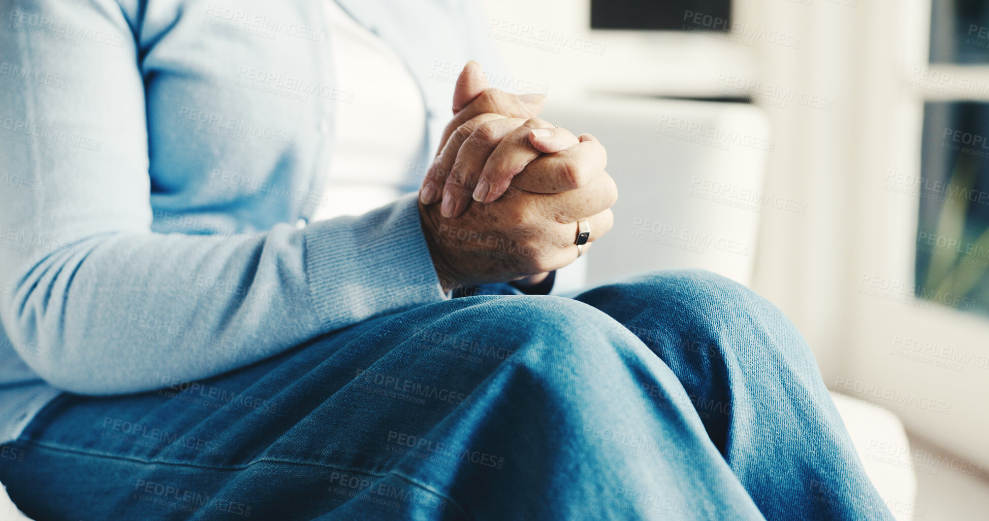 Buy stock photo Mental health, old person or hands in home with nerves, anxiety trigger or regret in trauma memory. Retirement, worry or senior woman with reflection, overthinking or flashback in emotional thoughts.