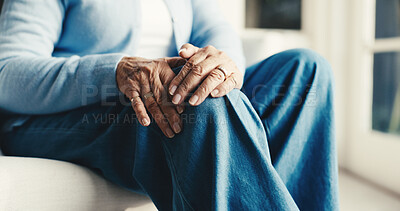 Buy stock photo Hands, knee pain and old woman with arthritis in home, inflammation and massage with fibromyalgia. Elderly, retirement or person with injury, weak bones or joint ache with relief or pressure at house