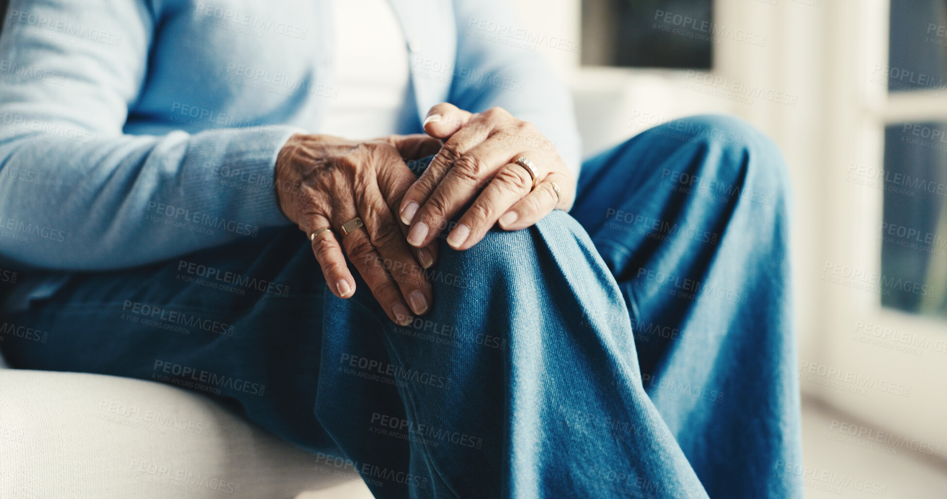 Buy stock photo Hands, knee pain and old woman with arthritis in home, inflammation and massage with fibromyalgia. Elderly, retirement or person with injury, weak bones or joint ache with relief or pressure at house