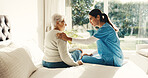 Conversation, comfort and nurse with senior woman in bedroom at house for treatment planning. Discussion, support and caregiver with elderly patient for medical service or checkup in nursing home.