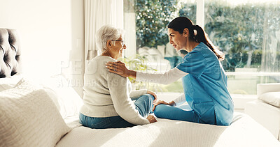 Buy stock photo Conversation, comfort and nurse with senior woman in bedroom at house for treatment planning. Discussion, support and caregiver with elderly patient for medical service or checkup in nursing home.