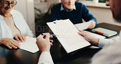 Buy stock photo Financial advisor, meeting and hands with paperwork in office, explaining and investment assessment. Wealth management, retirement plan and talk with senior people, happy and consultation in business