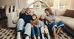 Parents, children and insurance with roof for family, support and security with people in home together. Man, woman and happy with kids, protection and safety with bonding, connection and life cover