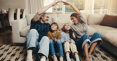 Buy stock photo Parents, children and insurance with roof for family, support and security with people in home together. Man, woman and happy with kids, protection and safety with bonding, connection and life cover