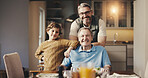 Portrait, father and child in home with grandfather, support and bonding with visit in lounge. Happy, people and family in house with smile, embrace and generations together with connection or memory