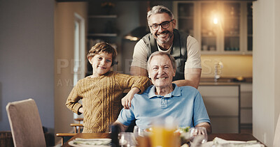 Buy stock photo Portrait, father and child in home with grandfather, support and bonding with visit in lounge. Happy, people and family in house with smile, embrace and generations together with connection or memory