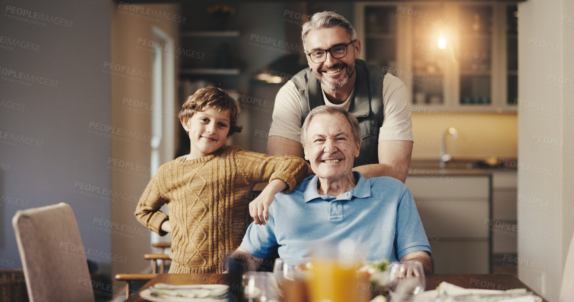 Buy stock photo Portrait, father and child in home with grandfather, support and bonding with visit in lounge. Happy, people and family in house with smile, embrace and generations together with connection or memory