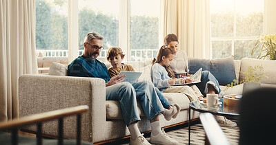 Buy stock photo Parents, children and book at house with tablet, browsing and interactive games for education. Father, helping and kids in lounge with digital, internet search and academic video for online learning