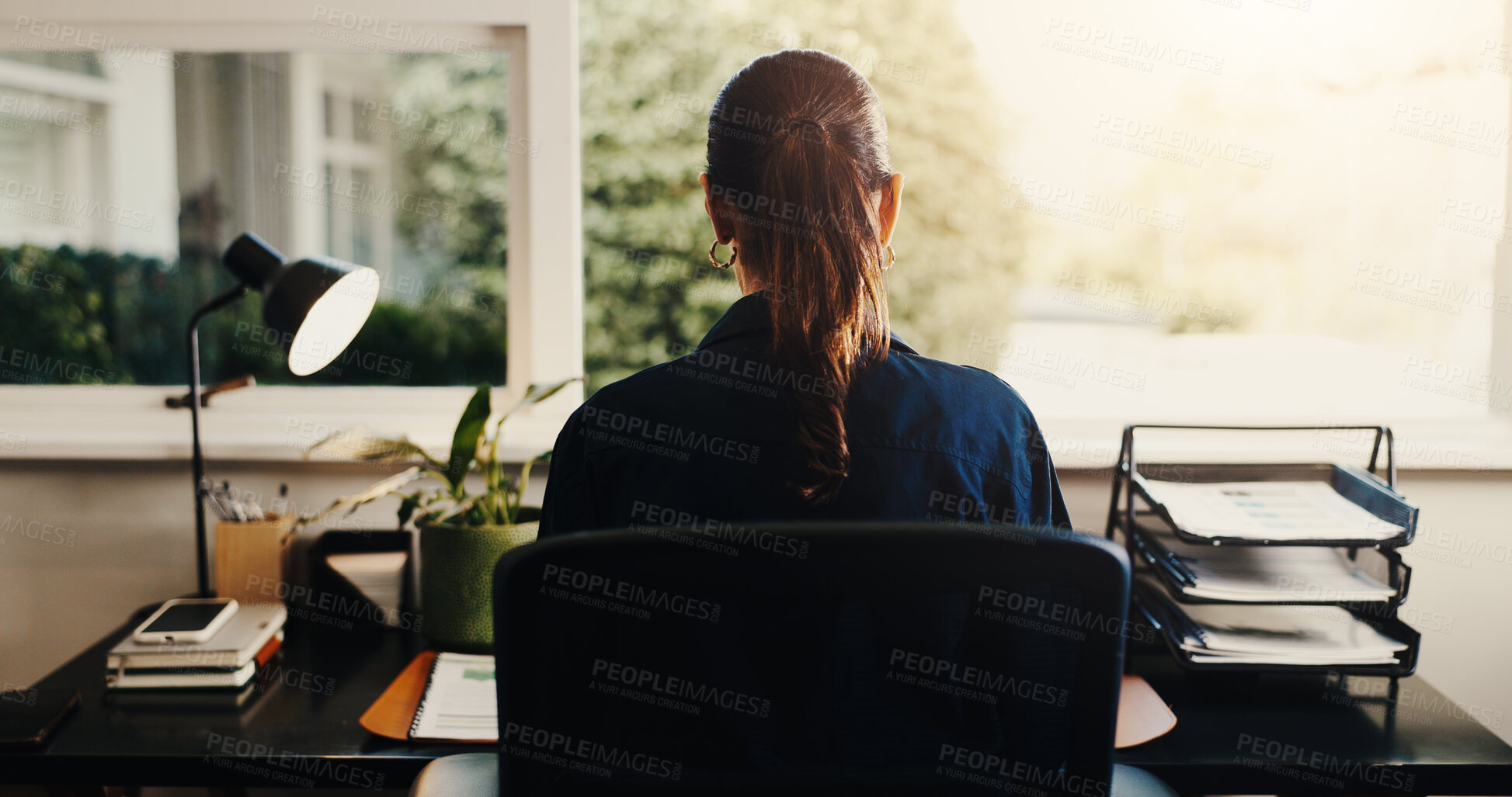 Buy stock photo Lawyer, woman or window with documents in office for legal administration or business. Back view, female person or attorney working with paperwork or process for court case or schedule in law firm
