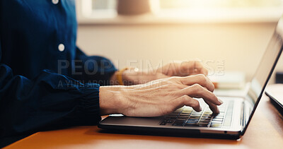 Buy stock photo Typing, online and hands with laptop in office, accountant and tax preparation with info on website. Bookkeeper, research and person with technology, budget review and financial report in business