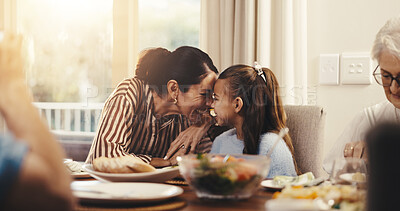 Buy stock photo Mother, daughter and smile with family for lunch, table and bonding with love and happiness together. Woman, child and grandparent with brunch, nutrition and care or wellness on vacation in home