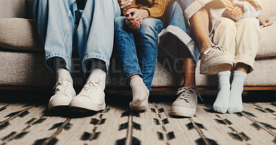 Buy stock photo Feet, sofa and family together in home, love and bonding with connection, relax and relationship. People, parents and children with legs, couch and comfortable with chill, break and weekend at house