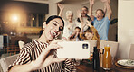 Woman, excited and selfie with big family in home, happy people and dinner party with memory. Flare, photography and picture with mother, cheering and grandparents with dad and kids for meal at house
