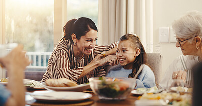 Buy stock photo Mother, daughter and smile with generations for family, lunch and bonding with love or happy together. Woman, child and grandmother with brunch, nutrition and care or wellness on vacation in home