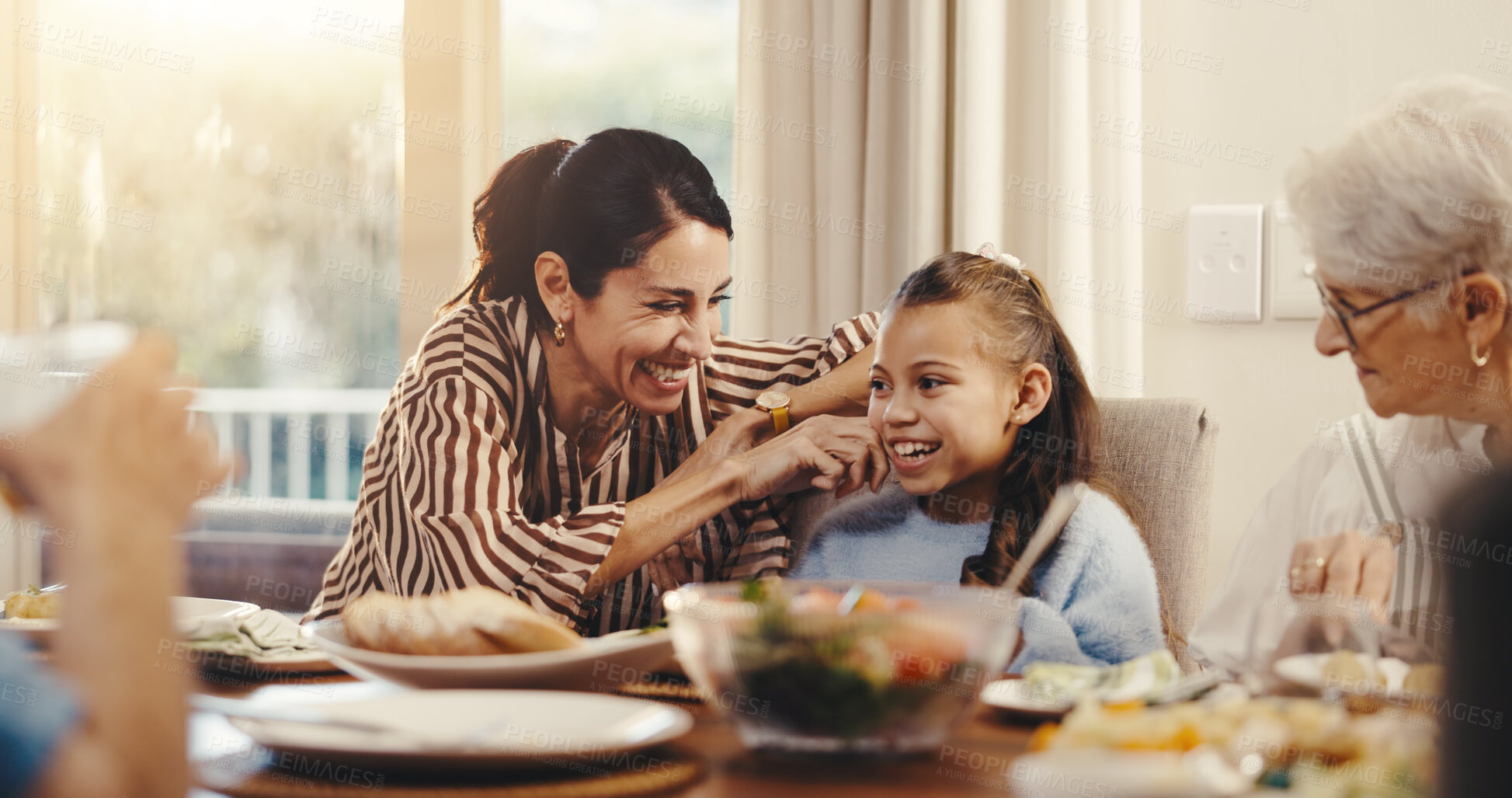 Buy stock photo Mother, daughter and smile with generations for family, lunch and bonding with love or happy together. Woman, child and grandmother with brunch, nutrition and care or wellness on vacation in home