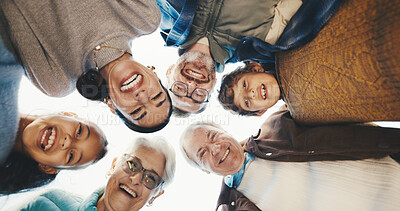 Buy stock photo Below, portrait and big family in huddle outdoor with bonding, love and connection on holiday. Happy, care and children with parents and grandparents in circle for support and safety on vacation