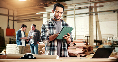 Buy stock photo Carpenter, online and man with tablet in factory, review or research for furniture design on website. Manufacturing, workshop and person with technology, info and planning for woodworking project