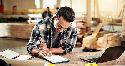 Buy stock photo Carpentry, man and tablet screen in workshop for planning, digital blueprint and custom joinery. Happy, carpenter and tech with CAD review for furniture production, framing layout and material specs